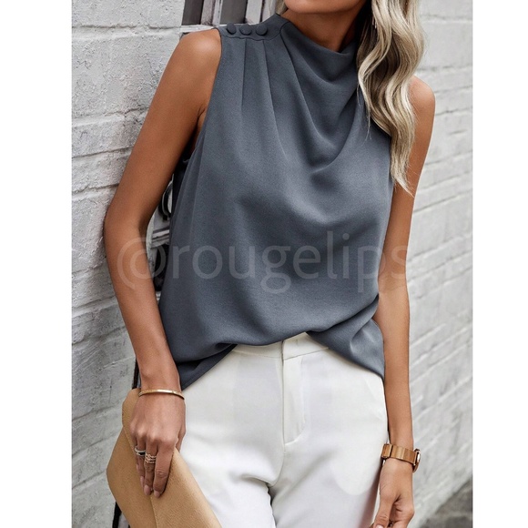 Gray Cowl Draped Pleated Neck Sleeveless Top Blouse Decorative Shoulder Buttons - Picture 4 of 9
